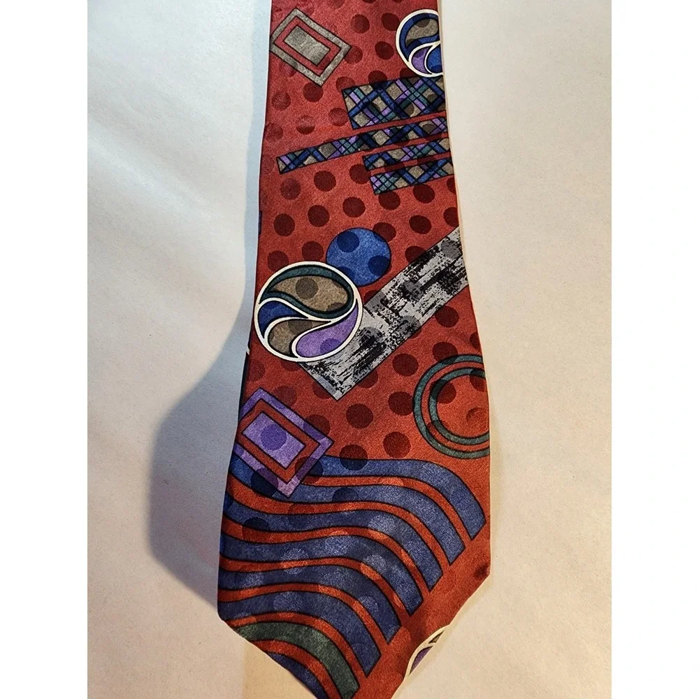Vintage Bugatti 100% Italian Silk Tie Abstract Geometric Red Blue Purple 80s 90s